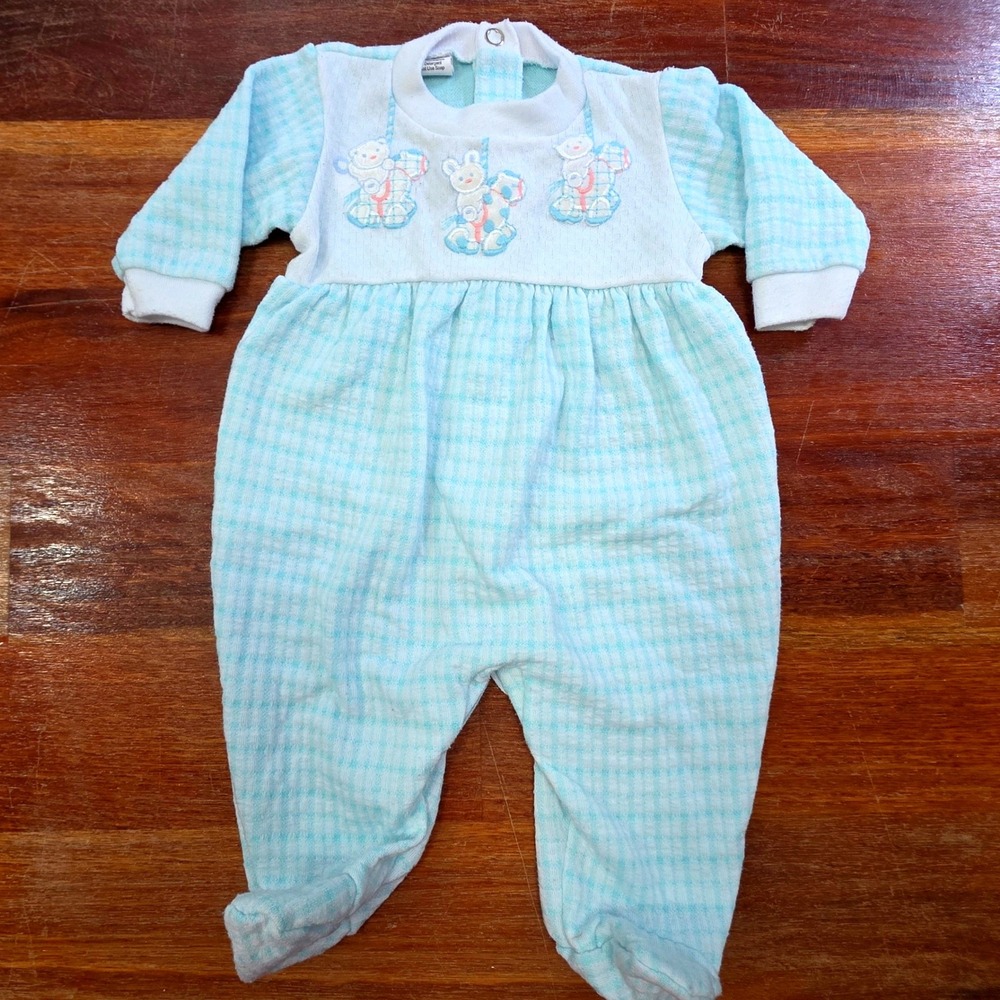 Vintage BabyGro Blue Gingham Footed Sleeper Embroidered Bears Bunny Small USA